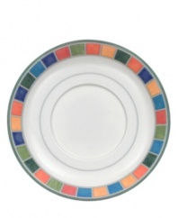 The Twist Alea tea cup saucer is a perfect complement to the tea cup. Features an enamel colorblock pattern reminiscent of Spanish tile and a vivid band of color along the rim.
