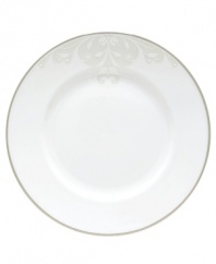 Refine your formal table with classic cream and white dinner plates. Trimmed in platinum and accented with a raised dot and scroll pattern, this china dinnerware from Lenox brings contemporary grace to special occasions. A pearlized finish adds subtle shimmer. Qualifies for Rebate