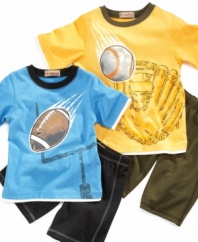 Have a ball! Fun will be had by all when he's sporting one of these athletic-inspired shirt and short sets from Kids Headquarters.
