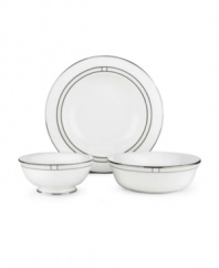 Leave it to kate spade to improve the traditional china pattern. Reminiscent of seed pearls, her signature monogram lends a lustrous accent to the Noel Alabaster all-purpose bowl (shown left).
