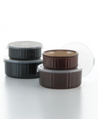 Dual-purpose bowls from Sango serve and store treats with the snap of a lid! In stoneware with a fluted texture and black or brown glaze, this handy set is a stylish alternative to your standard storage containers.
