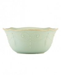 With fanciful beading and a feminine edge, this Lenox French Perle bowl has an irresistibly old-fashioned sensibility. Hardwearing stoneware is dishwasher safe and, in an ethereal ice-blue hue with antiqued trim, a graceful addition to every meal. Qualifies for Rebate