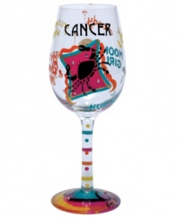 Stars align in the Cancer wine glass. A hand-painted design as unique as your sign illustrates your personality--loyal, nurturing, nostalgic--in bright, fun hues and sparkling rhinestones. With a special drink recipe on its base.