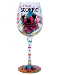 Stars align in the Scorpio wine glass. A hand-painted design as unique as your sign illustrates your personality--fierce, fascinating, ambitious--in bright, fun hues and sparkling rhinestones. With a special drink recipe on its base.