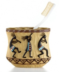 Revered by Native Americans, Kokopelli gives your bathroom an authentically Southwestern vibe. Saddle stitching frames the dancing deity on this dimpled toothbrush holder.