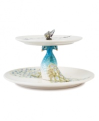 A symbol of eternal life and beauty, the peacock serves as the inspiration for this fanciful 2-tiered server. Richly detailed with subdued watercolors, it's a stunning stand-alone piece and beautiful complement to Edie Rose by Rachel Bilson dinnerware and serveware.