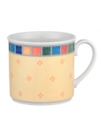 The Twist Alea tea cup makes every meal bright. Features an enamel colorblock pattern reminiscent of Spanish tile and a vivid band of color along the rim.