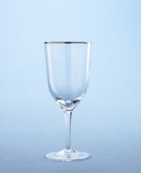 Martha Stewart likes her wine goblets with a softer, rounded profile for a lovely, understated elegance. She enjoys the tactile pleasure afforded by the form and clarity of fine crystal. Designed as a perfect counterpoint for formal table settings, or to add a bit of sparkle to casual gatherings, Bracelet is pure lead crystal, embellished only with a thin band of silver for quiet decoration.