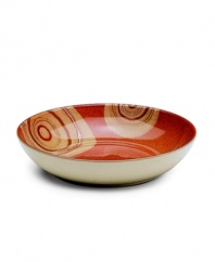 Add a whimsical accent to the Fire collection with this Chilli pasta bowl. From Denby dinnerware, these dishes have a mod circle design that is rendered in the same warm earth tones of green and terra cotta as the solid pieces to create a contrasting yet coordinated look.