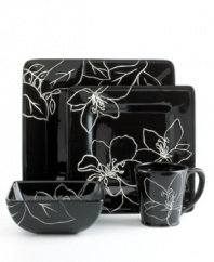 Sprawling black and white flowers lend your tabletop a modern sensibility. With a blend of hand-painted florals and contemporary design, the Anna square 4-piece place settings are crafted to enhance your decor at special occasions or quiet nights at home.