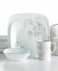 Take it easy with the serene florals and fuss-free durability of Shadow Dance dinnerware from Corelle Lifestyles. Squared silhouettes finished with khaki bands and blooms bring lasting grace to tables of four.
