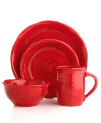 Homegrown style. Ruffled edges and engraved florals give the Espana Antica place setting an organic, handcrafted feel that suits country settings. With a glossy red finish. From the Tabletops Unlimited dinnerware collection.