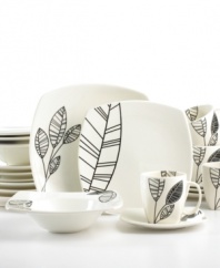 Stylized leaves in crisp black and white give the geometric shapes of Pietra dinnerware an added edge. Pattern differs from bowl to cup to plate for a look that always catches your eye.