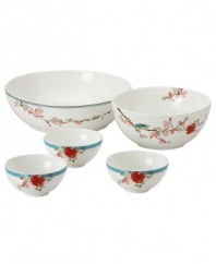 Dish it out in style! This compact, stackable set of bowls is perfect for putting out dips and sauces to colorful sides and salads. Includes one large serving bowl, one medium bowl and three small bowls. Coordinates with the beautiful Chirp dinnerware and dishes collection from Lenox Simply Fine. Qualifies for Rebate