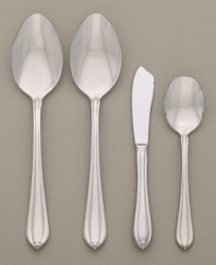 Premier tableware designer Gorham presents superior quality stainless steel flatware in an array of distinctive patterns to suit your every mood and occasion. The semiformal Melon Bud pattern is a classically simple design embellished with a graceful bud detail at the end of the handle.  Includes a sugar spoon, butter knife and two serving spoons.