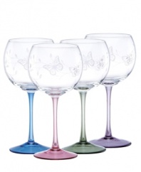 Etched with butterflies and blooms, this set of Butterfly Meadow balloon drinking glasses gives everyday meals a whimsical lift. With tinted blue, purple, green or pink stems for a splash of color. Qualifies for Rebate