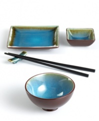 Turn your table into a trendy sushi bar with this sushi-for-two set from The Cellar. A bold reactive glaze and minimalist shapes give every component a look of cool, contemporary flair.