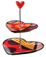 Two tiers to love. The Heart dessert server is shaped by the vivid colors and bold patterns of world-renowned pop artist Romero Britto. With sculpted handle featuring designer's signature.