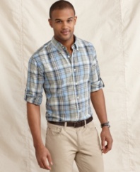 A plaid pattern adds some polish to your casual look with this shirt from Tommy Hilfiger.