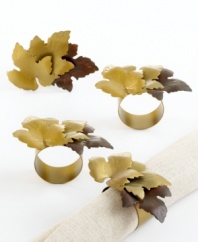 Celebrate the season indoors with Leaf Trio napkin rings. Three golden maple leaves conjure breezy and beautiful autumn afternoons no matter where and when you set the table. (Clearance)