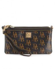 Zip it! The handy little wristlet purse by Dooney & Bourke secures your essential cards, cash, and keys on its own, or use the hook to attach it inside a larger bag.