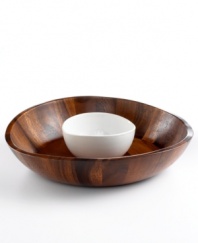 Wood works. Beautifully crafted in rich acacia wood and ceramic materials, this unique chip-and-dip brings a casual, organic feel to any setting. An entertaining staple, from The Cellar.