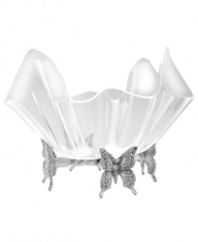 Invite fresh whimsy to the table on the wings of this Butterfly serving bowl from Arthur Court's collection of serveware and serving dishes. Radiant aluminum butterflies form a base for an acrylic bowl in a graceful, wavy shape. A striking centerpiece for any table!