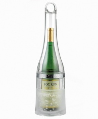 Double-wall acrylic wine chiller is filled with a non-toxic gel which freezes and can keep a bottle cool for hours. The top half screws in tight sealing the wine or champagne until you are ready to enjoy it. And, its totally portable! From Wine Enthusiast.