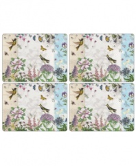 A fresh take on Portmeirion's beloved Botanic Garden pattern, the Botanic Hummingbird placemats layer colorful wildlife with muted blooms on a hard surface.