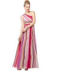Go sweetly glamorous in this striped silk dress by Decode, featuring a spectacular one-shoulder silhouette.