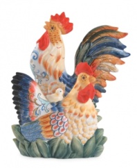 Bring the country to you. This hand-painted ceramic napkin holder is in the shape of a rooster, intricately detailed and brightly colored, full of lifelike vigor.