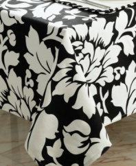 Pair this bold floral tablecloth with other Black and White table linens to enhance colorful meals at home.