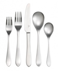 A flatware set with a brushed satin finish and minimalist design brings modern artistry to dinner tables. Soft curves in stainless steel provide a comfortable, balanced feel for everyday use. Includes service for 8 and serving pieces.