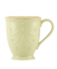 With fanciful beading and an antiqued edge, this Lenox French Perle mug has an irresistibly old-fashioned sensibility. Hardwearing stoneware is dishwasher safe and, in a soft pistachio hue, a graceful addition to every meal. Qualifies for Rebate