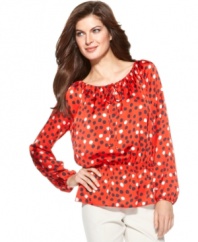 A laid-back peasant top gets modernized with punchy polka dots in this look from Ellen Tracy! Pair it with white pants for a spring-forward style!