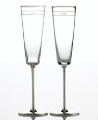 Begin a glorious meal--and life--together with a magical toast. From kate spade, these crystal champagne glasses feature brilliant silver-plated stems and sheer bands with either Mr. or Mrs. engraved on each rim. Coordinates with the rest of the handsome and modern Darling Point collection.