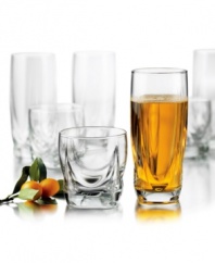 Modern geometric glassware fusing round bowls and square bottoms offer a sharp new look for casual tables. Crafted in partially recycled glass, this set is a smart choice for the environment as well as your kitchen. From Libbey's collection of drinking glasses.
