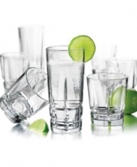 This set of squire coolers and double old-fashioned drinking glasses crafted in heavy, recycled glass offers a solid grip and Earth-friendly design. Vertical cuts divide boxy bases for a casual, sophisticated look that's great for everyday drinks and the occasional cocktail.