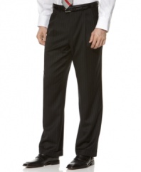 Take your dressy look to the next level with this striking pinstripe pant. It features elegant double reverse pleats. On-seam pockets at sides. Single besom button-through pocket at hip. Extendable waistband. Cuffed bottoms.