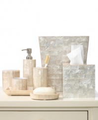 Naturally luxurious. Featuring a sleek, modern design and exquisite mother-of-pearl tiles, the Mother of Pearl canister from Roselli Trading Company adorns your bath with quality and sophistication found in the world's poshest hotels.