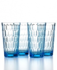 Pretty and practical, Honeycomb highball glasses are ideal for casual indoor and outdoor gatherings in worry-free, blue-tinted acrylic.