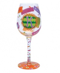 Confetti, streamers and words starting with your initial of choice make Lolita's hand-painted Love My Letter K wine glass a must for Kylie, Krista and Kim. With a signature drink recipe on its base.