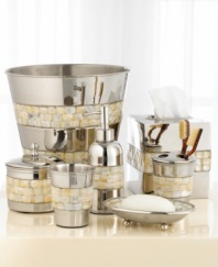 Store your bathroom essentials in this elegantly embellished jar. Adorned with chips of mother of pearl and brass based metal with a shiny nickel finish.