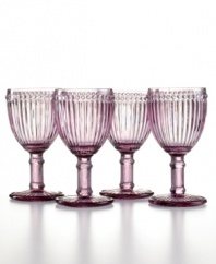 Fine vintage. This set of Rosanna's Classique drinking glasses pays homage to another era with a traditional goblet shape and neoclassical columns in beautifully tinted glass. Use for water and lemonade or ice cream sundaes.