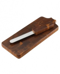 Panels of dark wood form a smooth surface for slicing and serving fresh, crusty breads. The serrated bread knife's wooden handle matches its board for a sharp, handsome look. From Dansk's collection of serveware.
