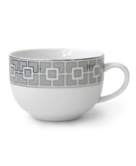 Anything but square, the Nixon mug from Jonathan Adler shapes things up with a fantastic geo print in gray, white and dazzling platinum.