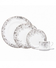 Fashion a stunning table in French Lace dinnerware. Platinum trim and an intricate floral pattern plucked right off the runway adorn the elegant, easy-clean place settings from Marchesa by Lenox.