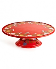 Very crafty. The bold red Pasha cake stand appeals with a homespun look and feel in organically shaped, artfully hand-painted earthenware from Tabletops Unlimited. With a hidden design on its base.