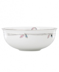 Hummingbirds twirl and buzz from flowery pink leaves to blue on this dreamy bone china serving bowl from Lenox Lifestyle dinnerware. The dishes from the Silver Song collection are crisscrossed with platinum branches and abound with fanciful springtime delight and irresistible modern charm. Qualifies for Rebate