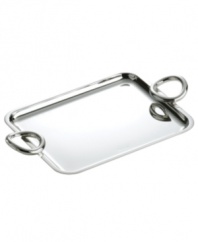Smooth silver plate renders extra brilliant with the clean, fluid lines of Vertigo giftware. Ideal for mail, magazines or tidying a bedside table, this letter tray features twisted ring handles for improved functionality and contemporary flair.